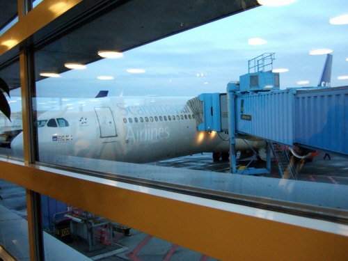 成田空港発(NRT)スカンジナビア航空Scandinavian Airlines - SAS Airbusエアバス A340-313X OY-KBI SK984便デンマークコペンハーゲン空港(CPH)行き。コペンハーゲン国際空港Terminal 3-C33Gateに駐機する飛行機