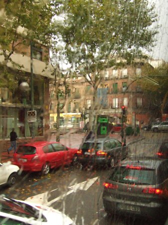 雨のスペインの首都マドリードマドリッド中心市街地秋の紅葉黄葉