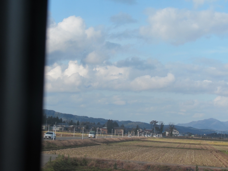 車窓から田んぼが広がる風景を眺める