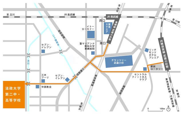 法政大学第二中・高等学校までの武蔵小杉駅からの地図（かもした元のブログ）