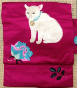 アンティーク猫とバラ刺繍名古屋帯 | リサイクル着物 お着付け 着つけ教室 古都里 のこと 福岡 薬院
