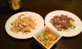 鶏砂肝と牛ハチノス、お通し&熟選ビール