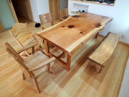 杉一枚板 テーブル 3点セット