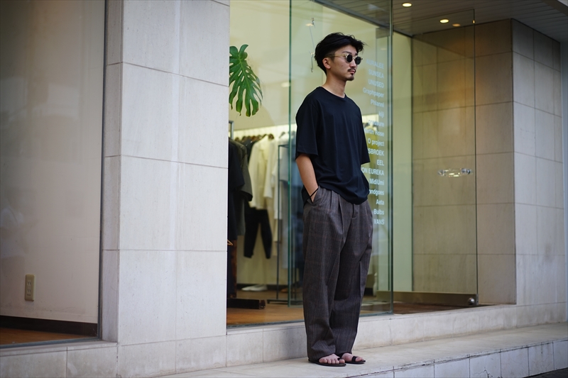 auralee bluefaced wool check wide slacks