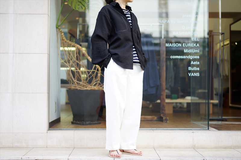 SUNSEA(サンシー)の新作、BANGLADESH LINEN w/耳 JOHNNY D. SHIRT/Bkを使ったスタイルサンプルのご紹介です。  | BALUCA JOURNAL