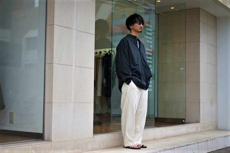 グラフペーパー GM223-50062B BROAD L/S OVERSIZED BAND COLLAR SHIRT ノーカラーオーバーサイズ長袖シャツ メンズ FREE Graphpaper(グラフペーパー)22AW Basic Collectionの新作、Broad L/S