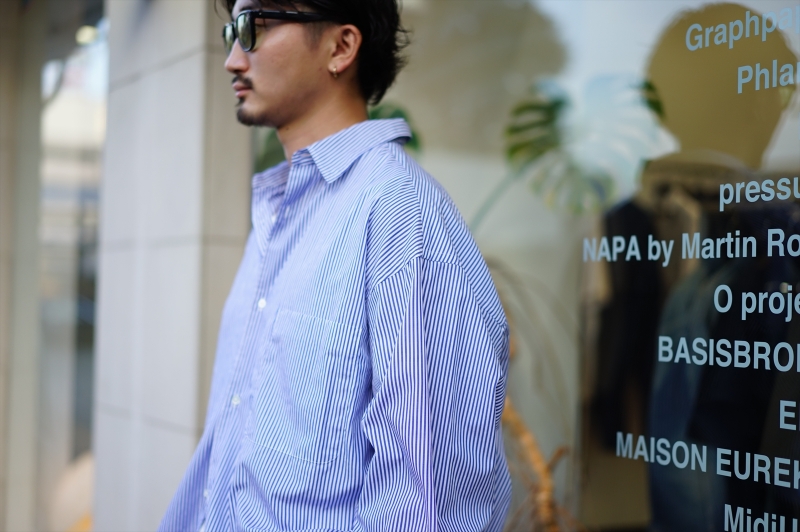 Graphpaper(եڡѡ)Broad Stripe L/S Oversized Regular Collar Shirt(GM222-50065B)/Blue Stripe