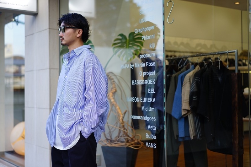 Graphpaper(եڡѡ)Broad Stripe L/S Oversized Regular Collar Shirt(GM222-50065B)/Blue Stripe