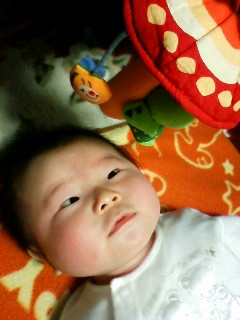オムツ替えてるとき、おもちゃ見てますよ