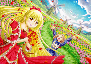 オリジナルイラスト。絵。チューリップ畑へようこそ!広大な花畑。風車。青空。お嬢様2人。