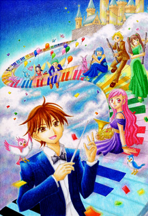 オリジナルイラスト。絵。雲の上の演奏会2013。 大空。空中で音楽を奏でる演奏家たちと指揮者。お城。