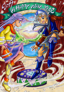 オリジナルイラスト。絵。2009年年賀状。少年・少女、別世界へ行く。ファンタジー。