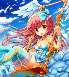sky dream サムネイル パタパタブランコ 空を飛ぶ ブランコ 女の子 少女 羽 鳥 空 夢 花 ファンタジー 青 イラスト sumire すみれ