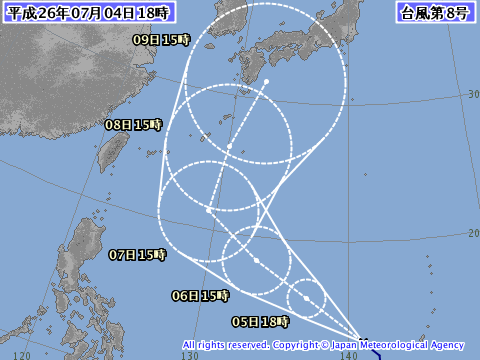 2014年7月4日18時の台風8号予想進路