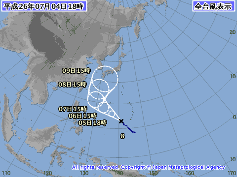 2014年7月4日18時の台風8号予想進路