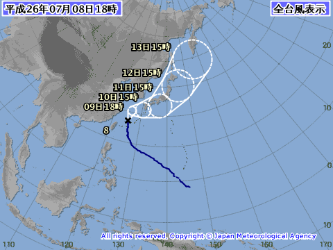 2014年7月8日18時の台風8号予想進路