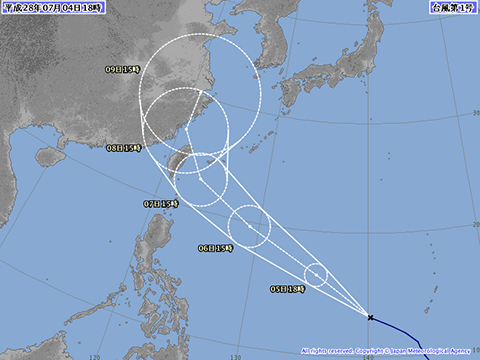 2016年7月4日18時の台風1号予想進路