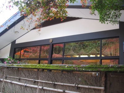建物の窓に紅葉と鳥居の映り込み