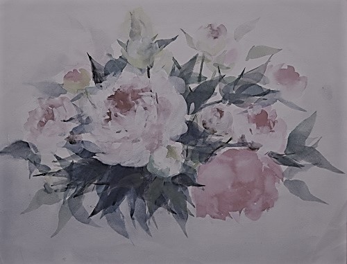 芍薬の絵の写真を墨彩画風に加工