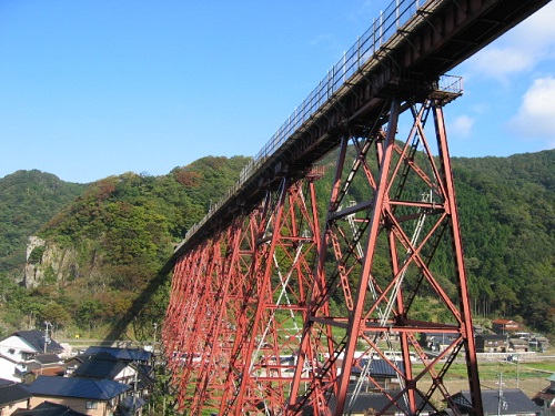 余部鉄橋と両側に民家