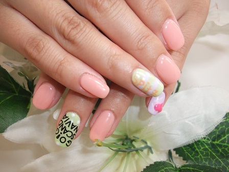 ジェル ベージュ 黄緑ボーダー ドット 紫 イニシャルシール ３dハート フラットアート Irish Nail アイリッシュネイル Blog