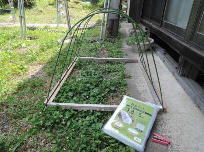 木枠に虫よけネット 自然栽培 大子の三楽斎