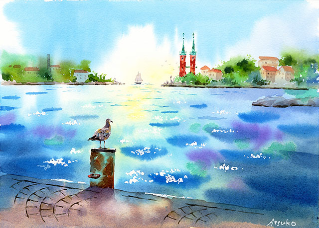 夏の港 | うさこの透明水彩画