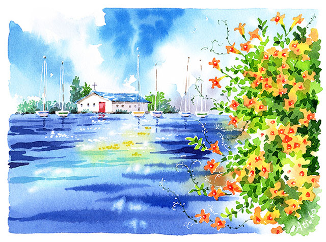 透明水彩画原画夏の花束ひまわり おいしい 透明水彩画原画夏の花束ひまわり おいしい