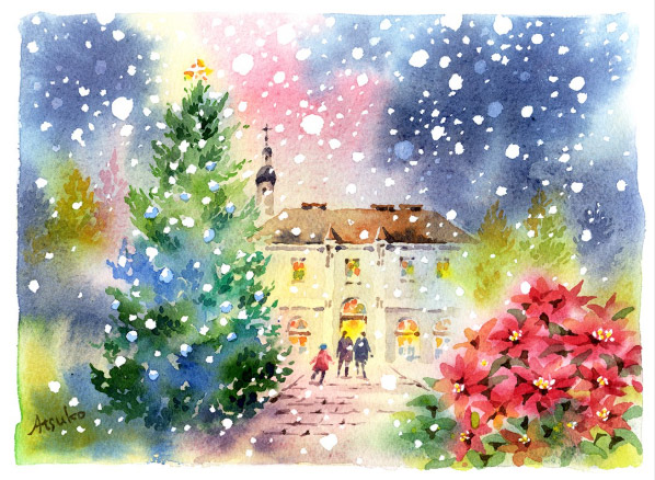 【ふたり。クリスマスber】シーグラスアート　イラスト　水彩画　原画 ふたり。クリスマスber】シーグラスアートイラスト水彩画原画