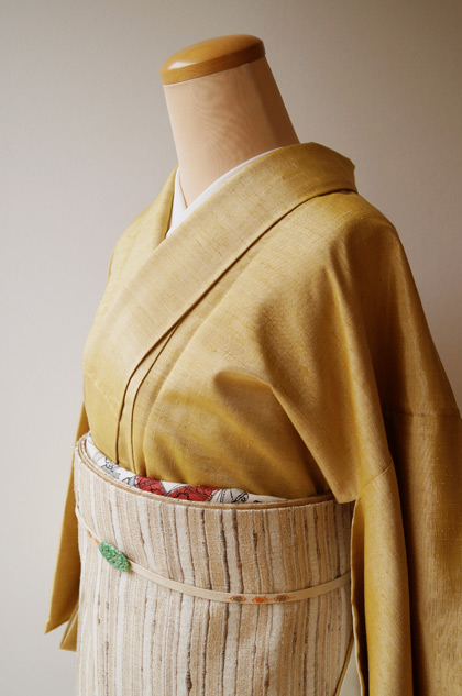 袷】マスタード色の無地紬とムガシルク袋帯 #kimono #着物 | ちぇら