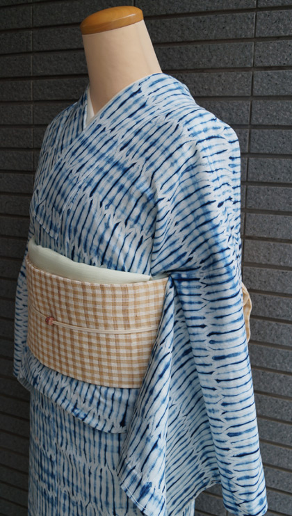 浴衣】板締め絞りの仕立て上がり浴衣と格子文様の麻名古屋帯 #kimono 