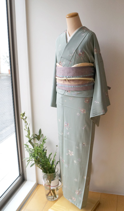 袷】薄青緑色桜柄小紋と暈し縞ふくれ織洒落袋帯 #kimono #着物 | ちぇ 