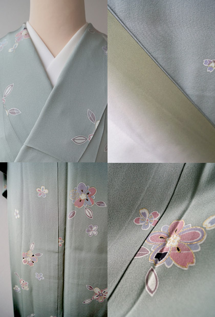 袷】薄青緑色桜柄小紋と暈し縞ふくれ織洒落袋帯 #kimono #着物 | ちぇ  