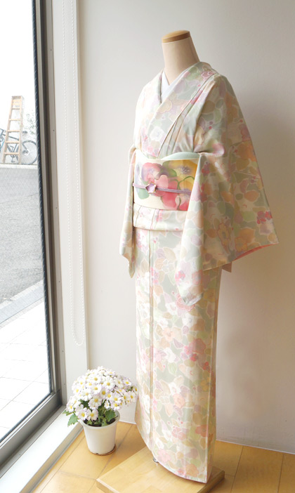 袷】パステル花柄小紋と芥子の塩瀬名古屋帯 #kimono #着物 | ちぇら