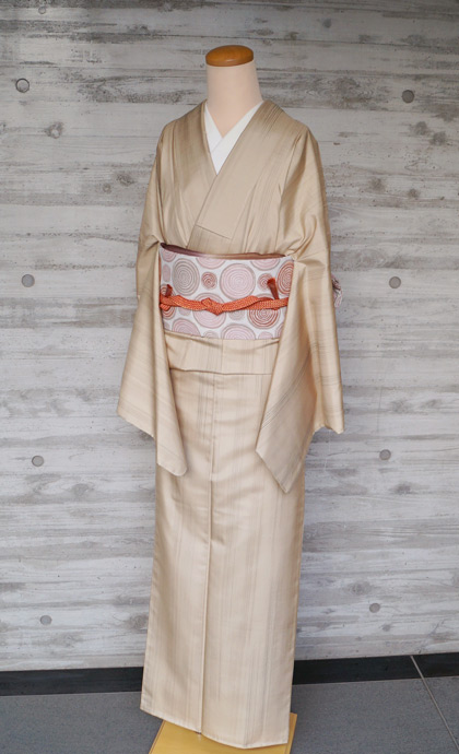 袷】トールサイズベージュ系大島紬と渦巻き柄名古屋帯 #kimono #着物 