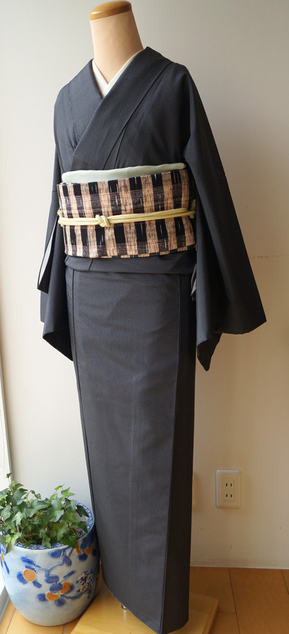 袷】みじん格子墨色着物とツイード調織り名古屋帯 #kimono #着物 | ち