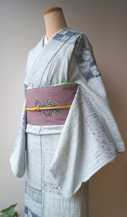 袷】淡藍色花織に絞り染めの付下紬と型染め名古屋帯 #kimono #着物 