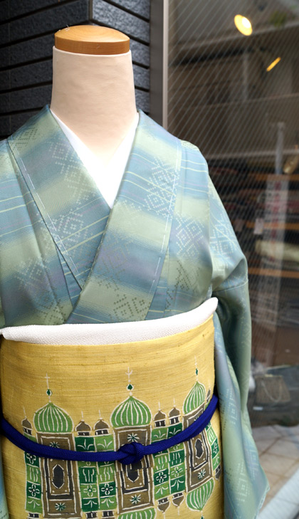 袷】花織調紬とモスク柄紬なごや帯 #kimono #着物 | ちぇらうな
