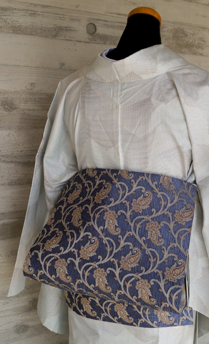 単衣】幾何学柄白大島紬と藍色ペイズリー印度シルク名古屋帯 #kimono