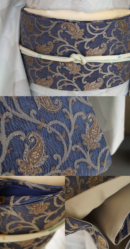 単衣】幾何学柄白大島紬と藍色ペイズリー印度シルク名古屋帯 #kimono 