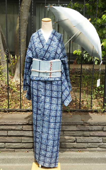 単衣】本藍絞り染め単衣小紋と幾何学文水色夏名古屋帯 #kimono #着物