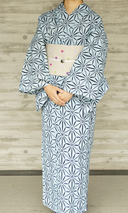 浴衣】水浅葱色×濃紺麻の葉文浴衣と水玉文麻半幅帯 #kimono