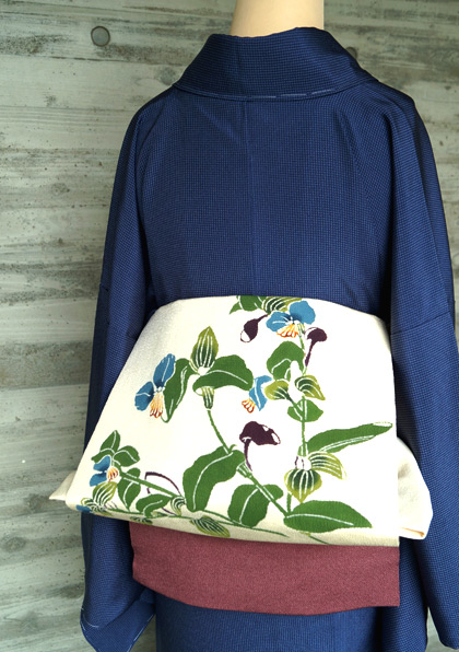 袷】天然泥藍染め角通しと露草柄染め名古屋帯 #kimono #着物 袷】天然泥藍染め角通しと露草柄染め名古屋帯 #kimono #着物