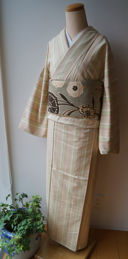 袷】パステルカラーの縦縞の紬とオリジナル半幅帯 #kimono #着物 | ち ...