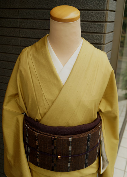 袷】マスタード色の無地紬と横縞の紬名古屋帯 #kimono #着物 | ちぇら 