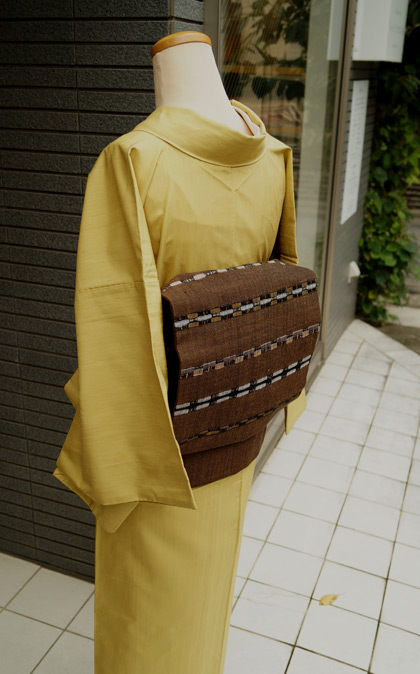 袷】マスタード色の無地紬と横縞の紬名古屋帯 #kimono #着物 | ちぇら 