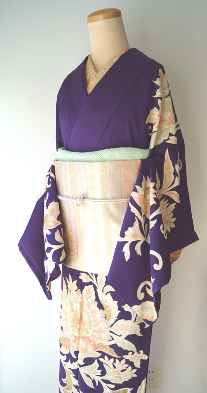 袷】アールデコ文紫色アンティーク着物とピンク横段柄袋帯 #kimono 