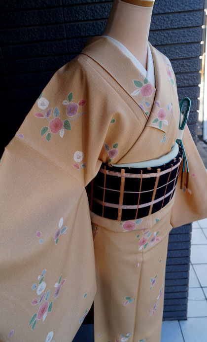 袷】あんず色椿柄の小紋と吉野間道の名古屋帯 #kimono #着物