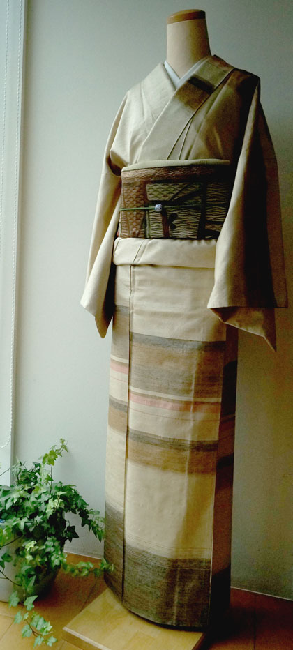 袷】変わり横段の真綿紬と抽象柄八寸名古屋帯 #kimono #着物 | ちぇら