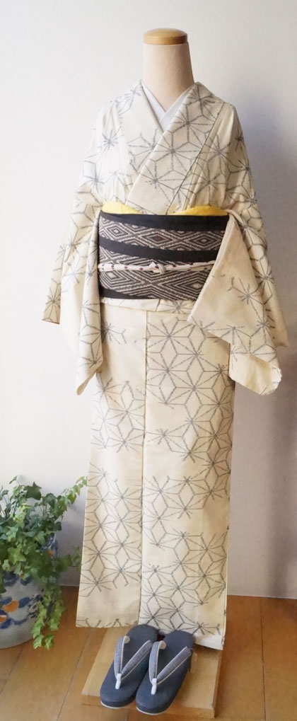 袷】やぶれ麻の葉紬とモダン菱形模様の織名古屋帯 #kimono #着物 | ち
